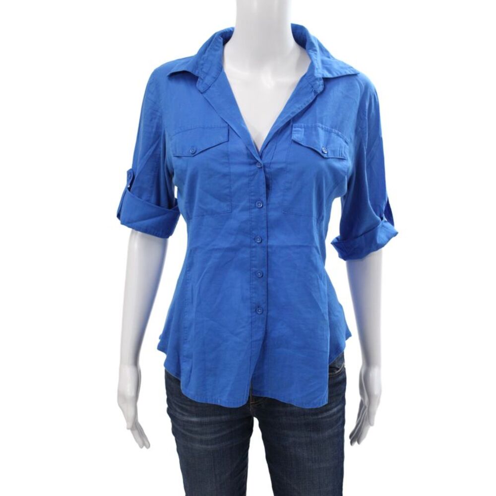 Bobi Womens Basic Collared Button Blouse Blue 3/4 Sleeve Size M